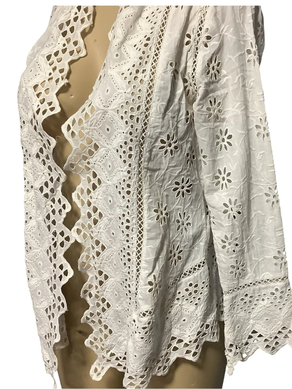 Lauren Ralph Lauren White Lace Eyelet Embroidered Open-Front Jacket Size PM